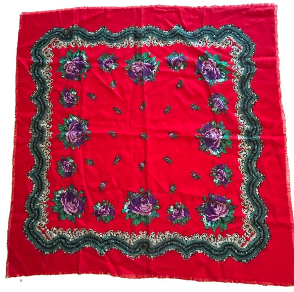 Vtg Glentex Scarf Bandana Red Floral Acrylic 1950s Japan Square 30”x30” Japan